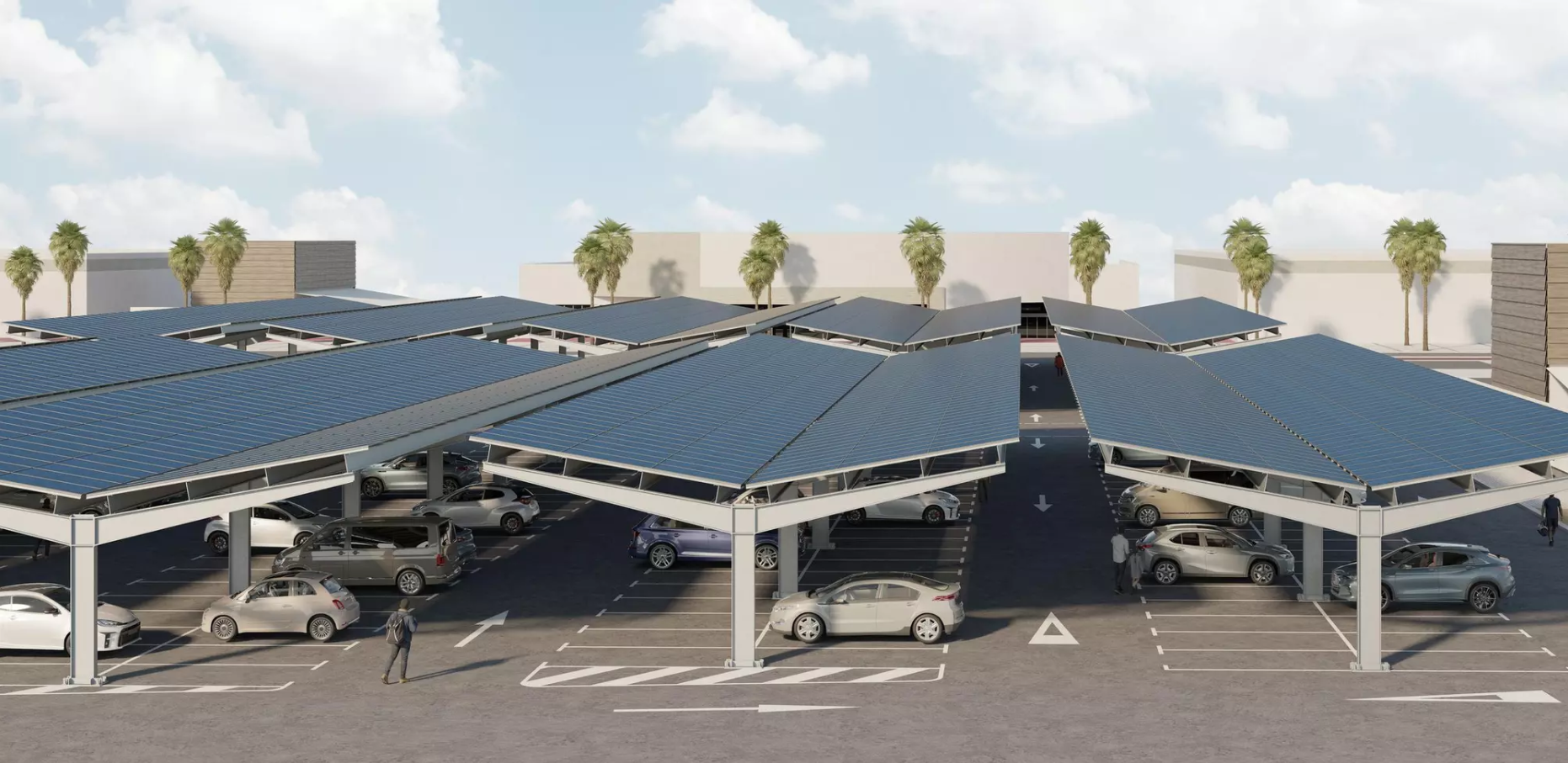 Previsualización del nuevo parking de Alcampo en Sant Boi, con las placas fotovoltaicas instaladas sobre la cubierta del aparcamiento.